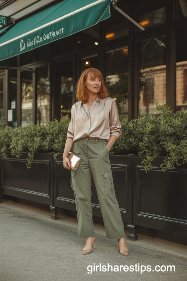 Sage Cargo Pants with Champagne Blouse for Sophistication