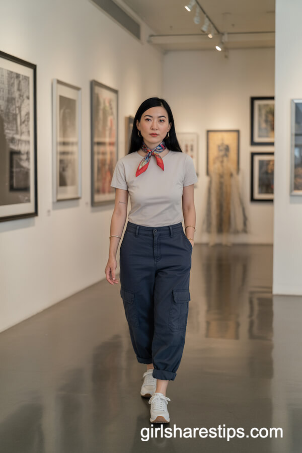 Navy Cargo Pants with Silk Scarf for a Creative Touch