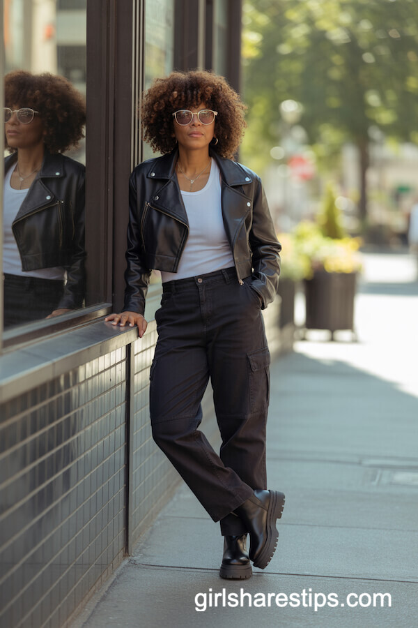 Black Cargo Pants with White Tank and Leather Jacket