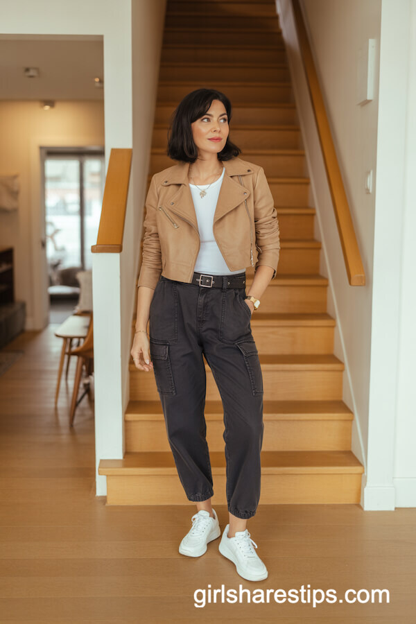 Dark Cargo Pants with Tan Moto Jacket for Relaxed Style