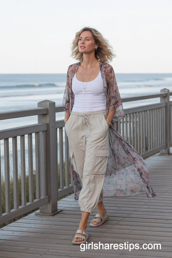 Beige Cargo Pants with Floral Kimono for a Breezy Look