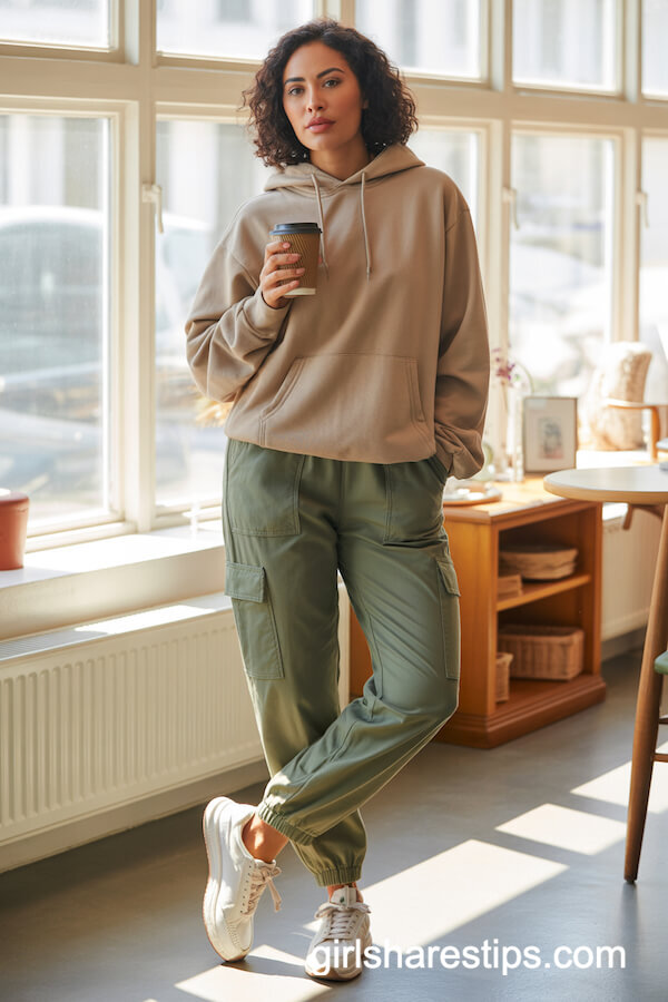 Green Jogger Cargo Pants and Beige Hoodie for Cozy Comfort
