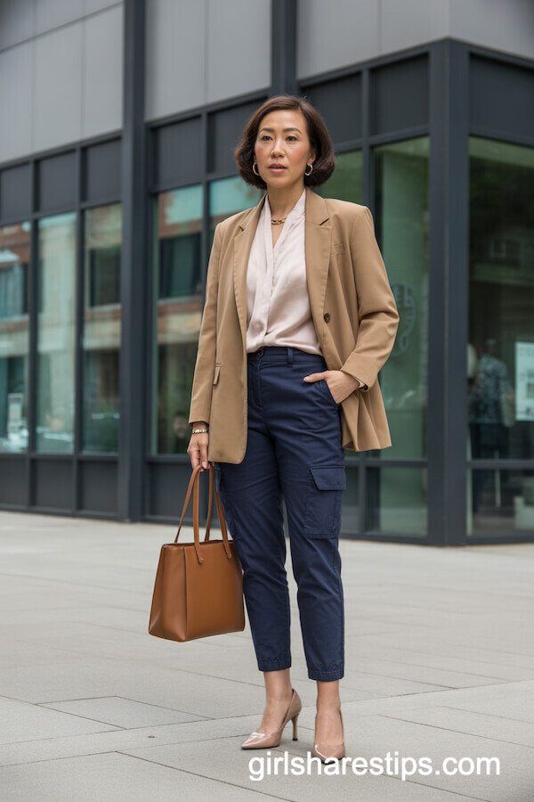 Navy Cargo Pants with Silk Blouse and Camel Blazer