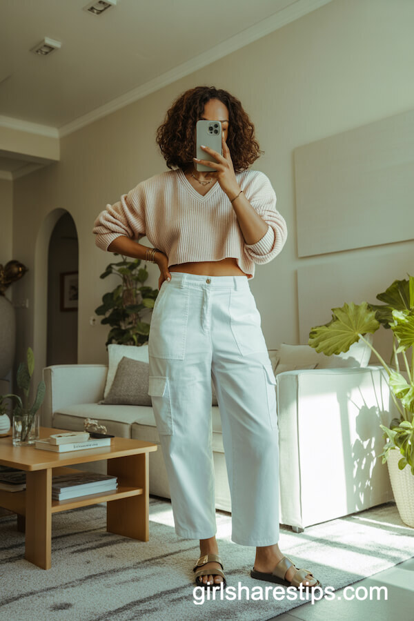 White Cargo Pants with Pastel Sweater and Sandals