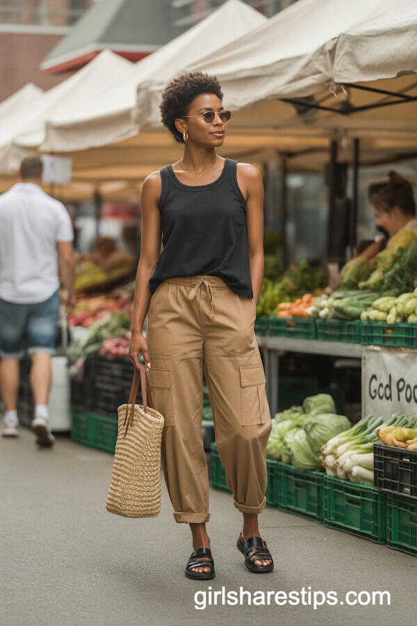 Tan Cargo Pants with Black Tank for a Farmer&rsquo;s Market Look