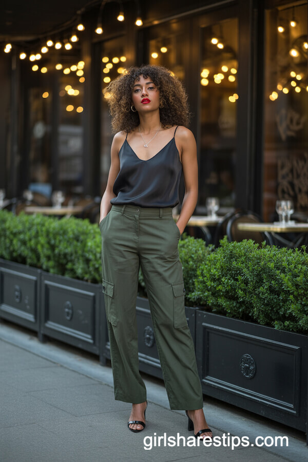 Dark Green Cargo Pants with Silky Cami for a Glamorous Night