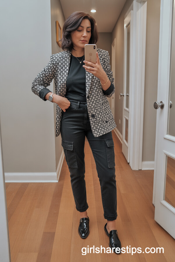 Black Cargo Pants with Statement Blazer for Chic Style
