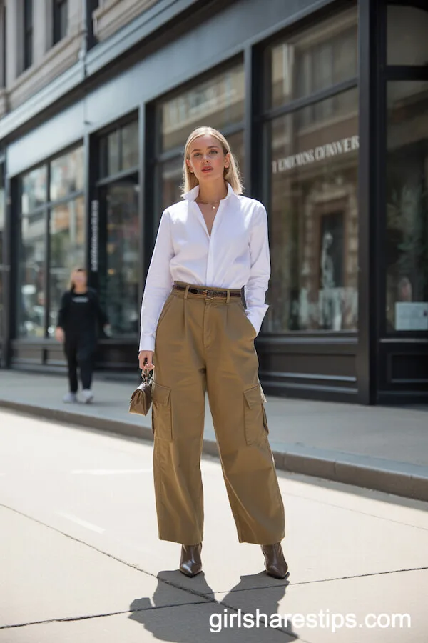 Crisp White Shirt with High-Waisted Khaki Cargo Pants