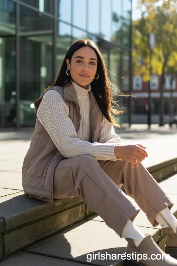 Layered Knit Sweater and Vest Combo with Taupe Cargo Pants