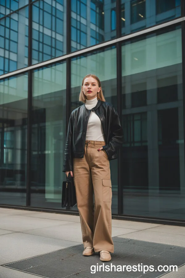 Black Faux-Leather Jacket and Ivory Turtleneck with Camel Cargo Trousers