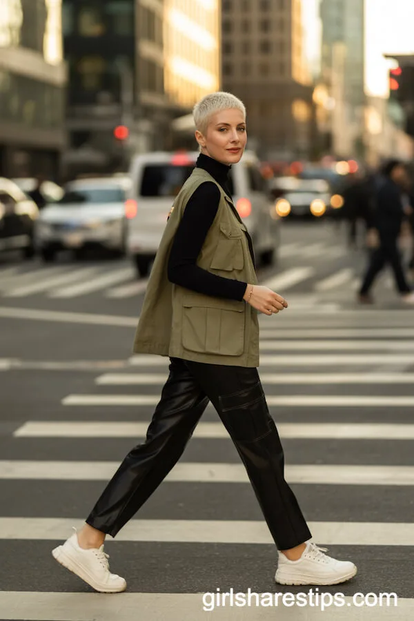 Sleek Turtleneck and Utility Vest with Black Cargo Pants