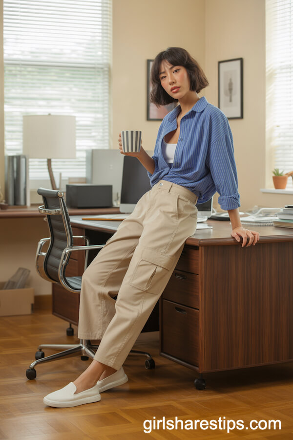 Blue Striped Button-Up Over Slim Beige Cargo Pants