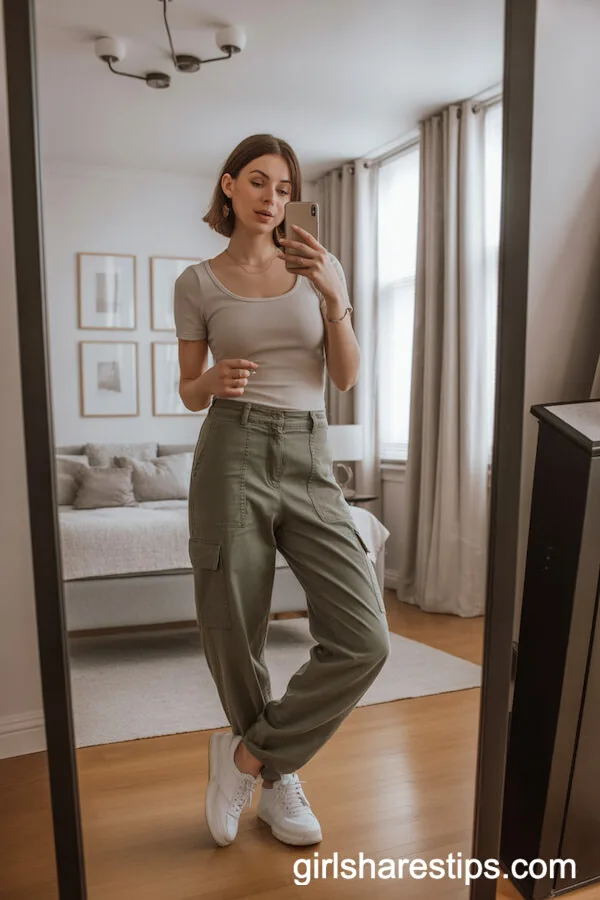 Scoop-Neck Top with Cargo Pants for a Polished Look