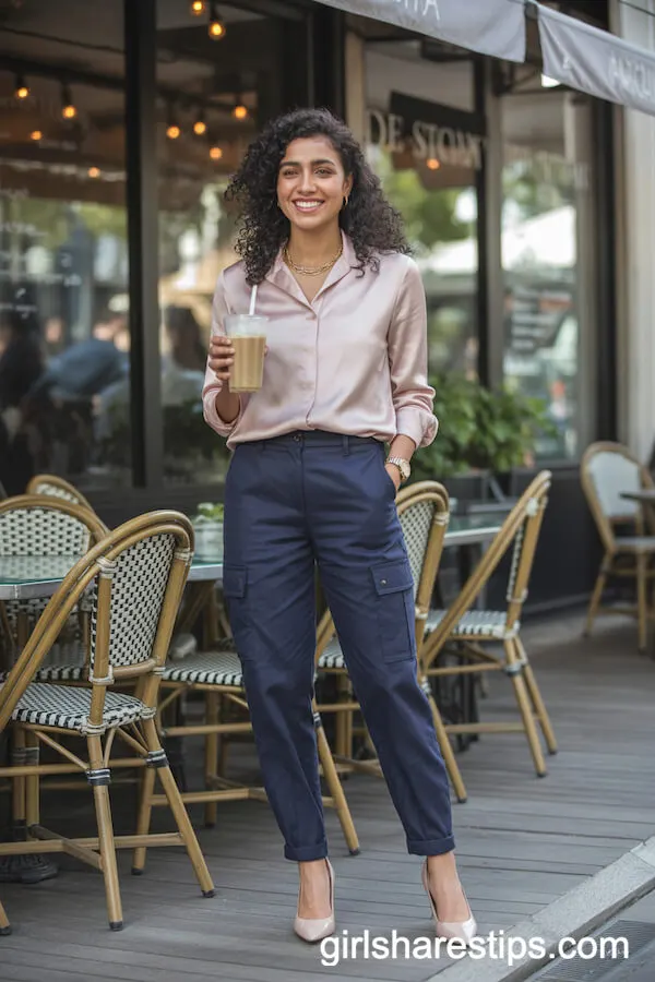 Blush Pink Silk Blouse with Navy Cargo Trousers and Gold Jewelry