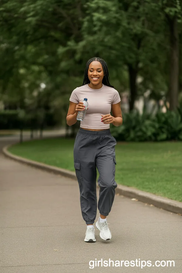Fitted Athletic Tee with Gray Cargo Joggers and Trainers