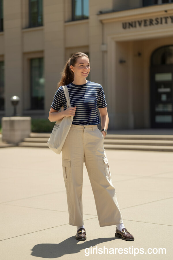 Navy Striped Tee with Cream Cargo Pants and Loafers