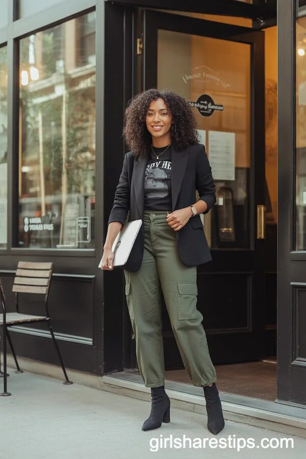 Black Blazer and Graphic Tee with Olive Green Cargo Pants