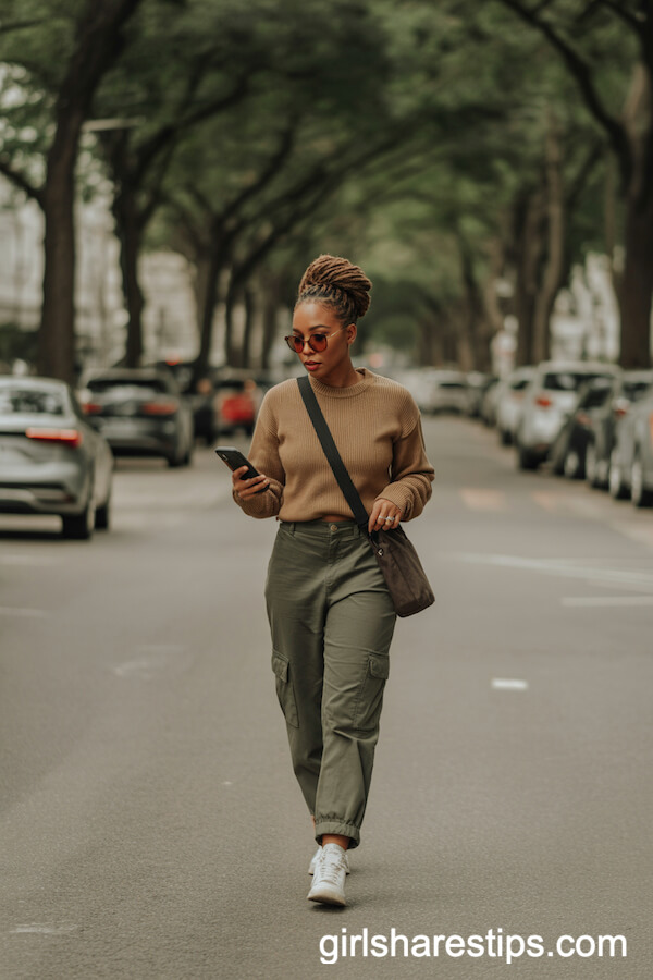 Earth-Tone Sweater with Olive Cargo Pants and Crossbody Bag