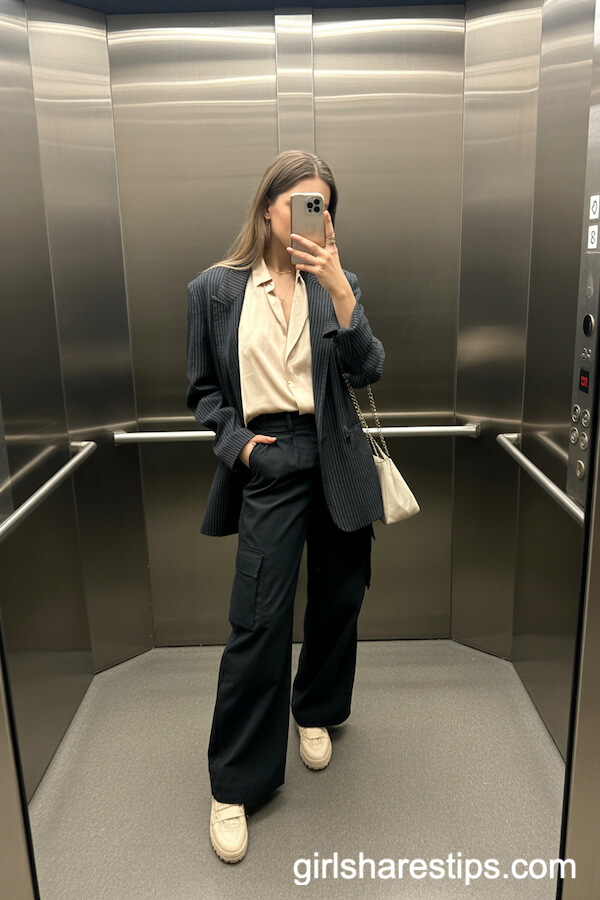 Cream Blouse and Layered Blazer with Black Cargo Pants