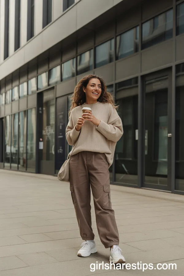 Oversized Beige Sweater with Brown Cargo Pants and Sneakers