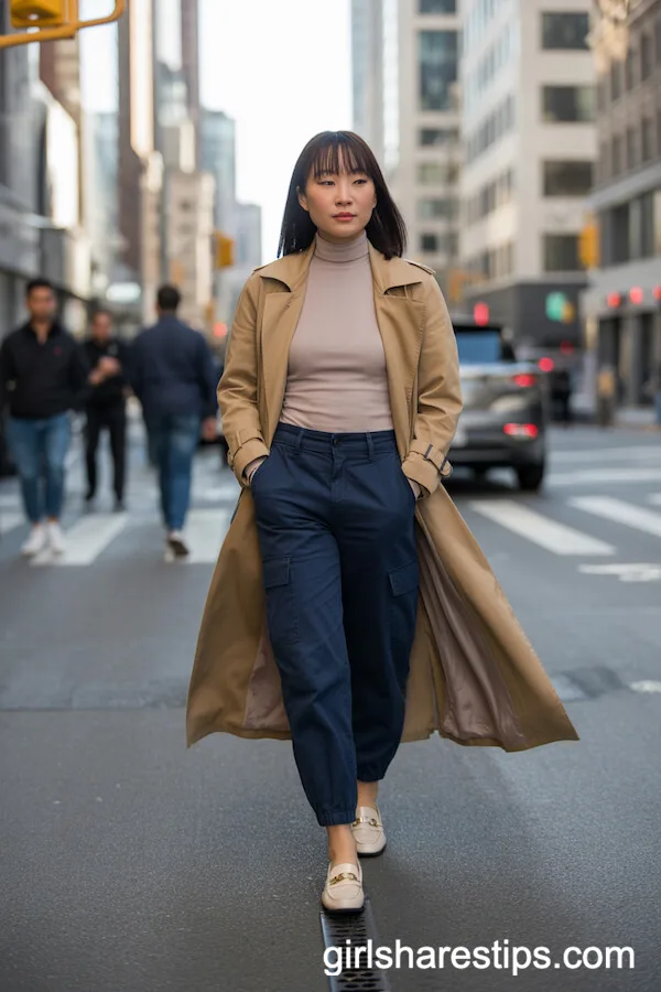 Classic Trench Coat Over Navy Cargo Pants and Turtleneck