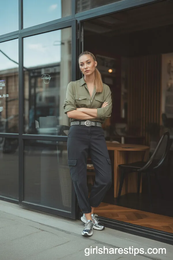 Olive Utility Shirt with Black Cargo Pants and Statement Belt