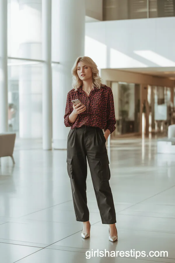 Bold Printed Blouse Dark Cargo Trousers Flats