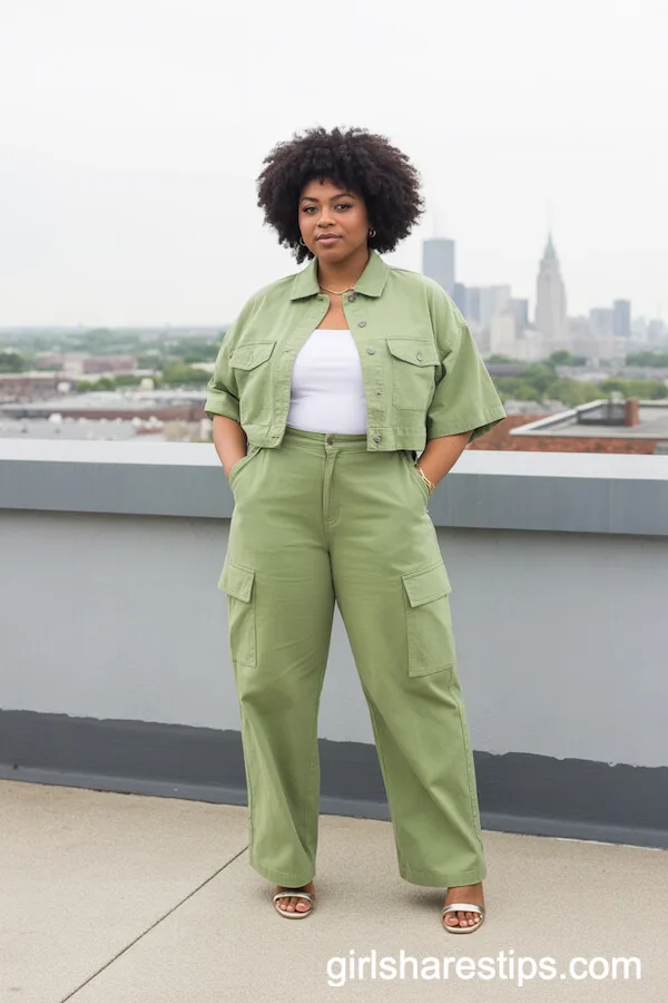 Sage Green Cargo Pants and Cropped Jacket Set with Camisole