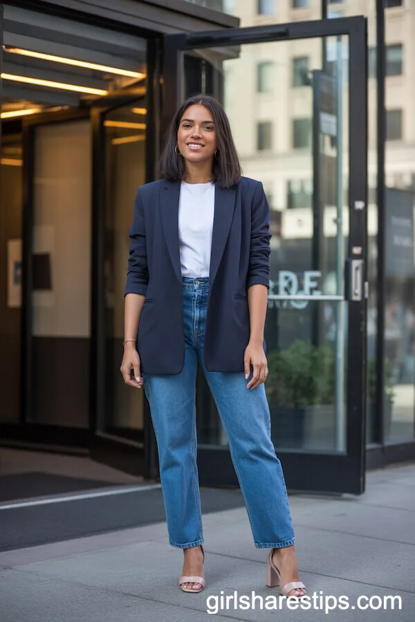 Navy Blazer, White Tee & Jeans for Effortless Office Chic