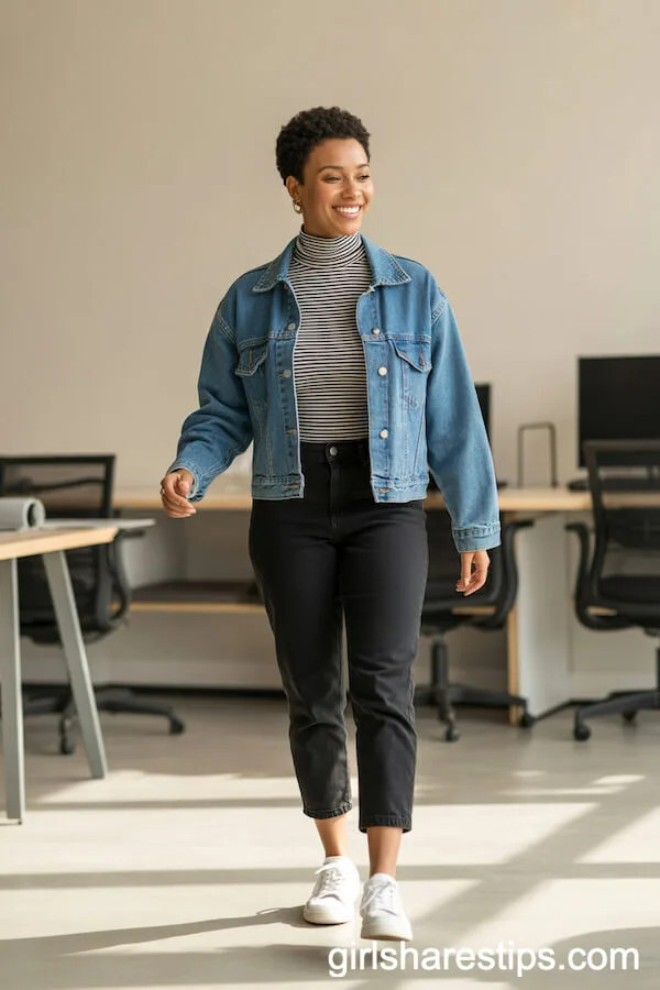 Denim Jacket Over Turtleneck with Cropped Pants for Laid-Back Vibes