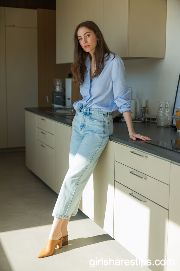 Half-Tucked Linen Blouse with Raw-Hem Jeans for Breezy Office Looks