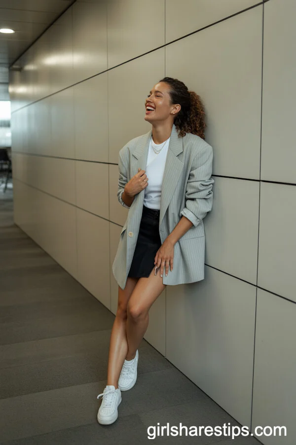 Oversized Blazer and Mini Skirt with Sneakers for Modern Influence