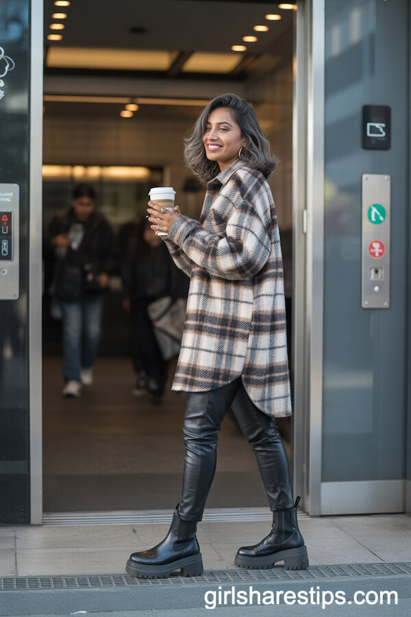 Plaid Overshirt and Faux Leather Pants for Edgy Office Style