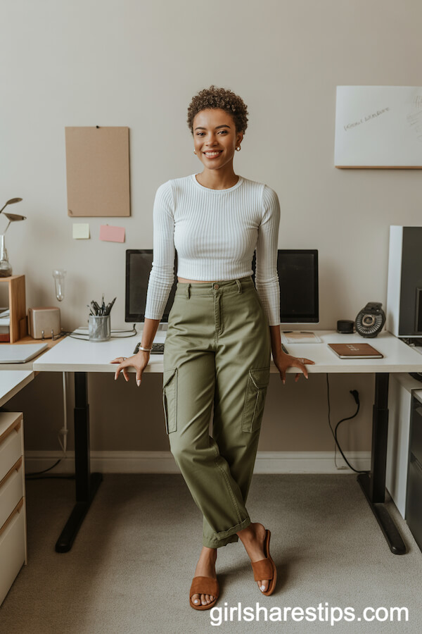 White Knit Top Olive Cargo Pants