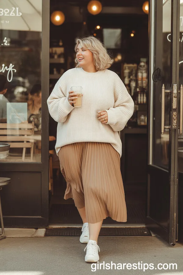 Chunky Knit Sweater and Pleated Midi Skirt for Cozy Comfort
