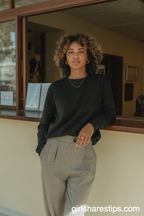 Patterned Trousers and Black Sweater for Understated Style