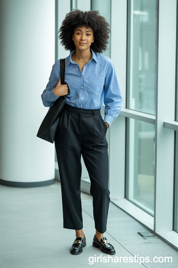 Striped Button-Up and Black Trousers with Loafers