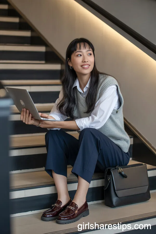 Shirt Under Sweater Vest with Cropped Trousers for Polished Layers
