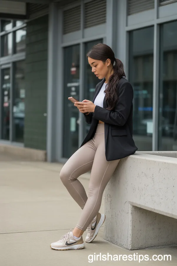 Blazer over Athleisure Leggings for Sporty Professional Style