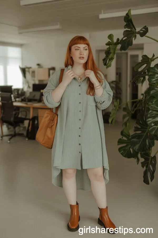 Sage Green Shirt Dress and Ankle Boots for Easy Sophistication