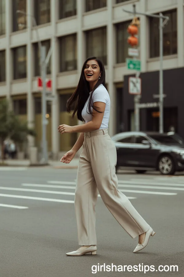Fitted White Tee & Beige Wide-Leg Pants for a Crisp, Casual Look