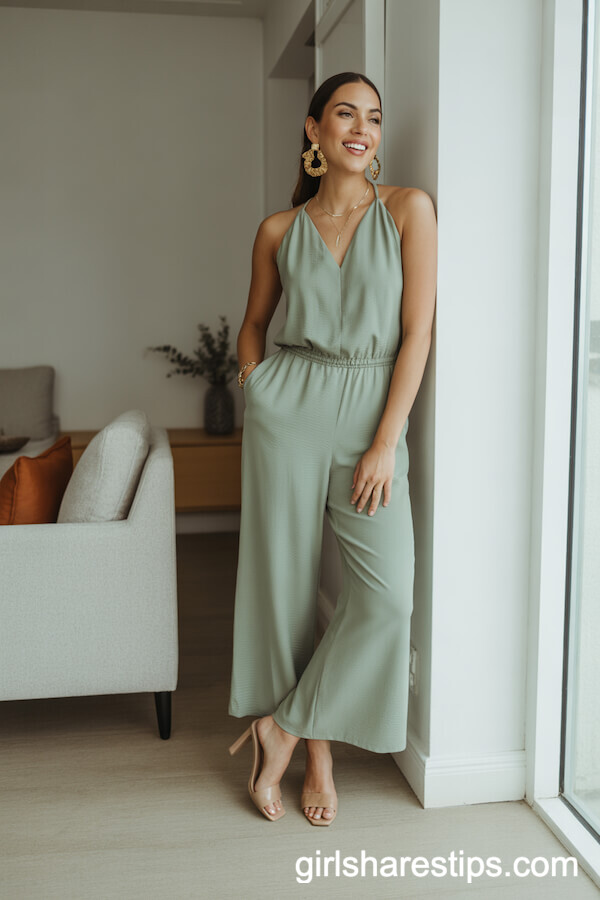 Sage Green Sleeveless Jumpsuit with Gold Statement Earrings and Nude Heeled Sandals