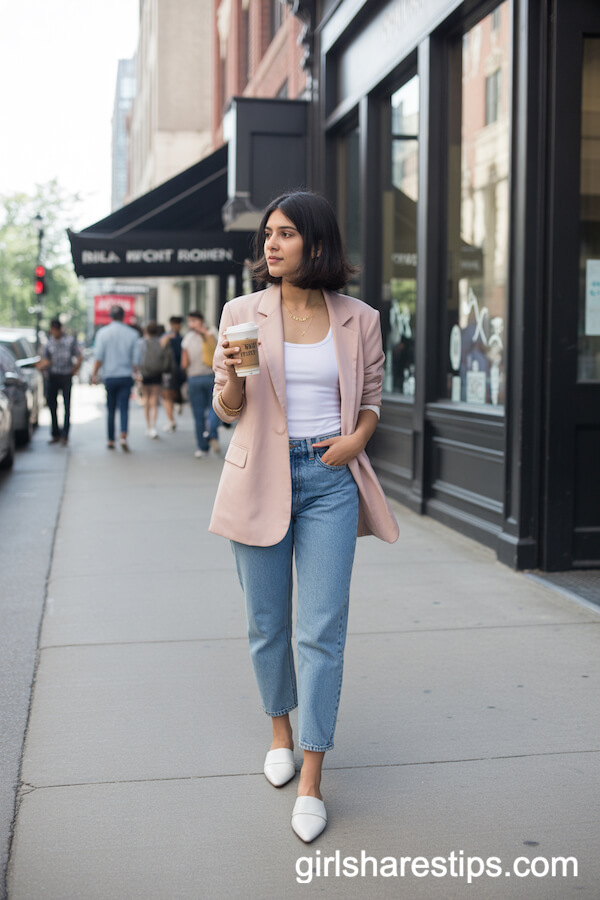 Blush Pink Soft Blazer with White Tank, Cropped Straight-Leg Jeans, and White Mules