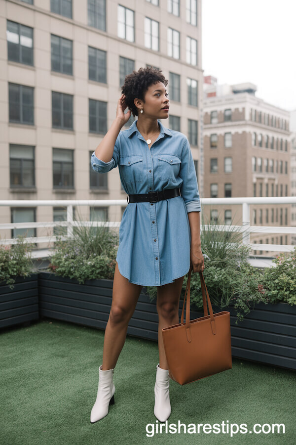 Belted Chambray Shirt Dress with White Ankle Boots and Brown Tote Bag
