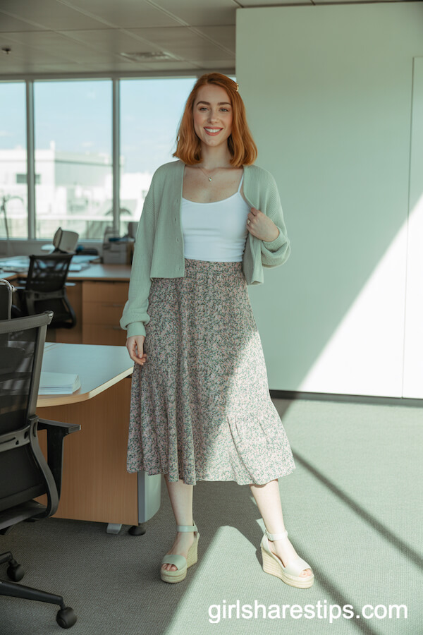 Mint Cropped Cardigan with White Cami, Floral Midi Skirt, and Espadrille Wedges