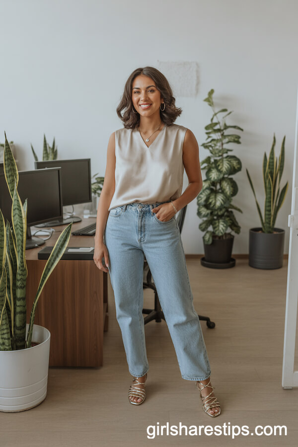Sleeveless V-Neck Blouse with Straight-Leg Faded Jeans and Strappy Sandals