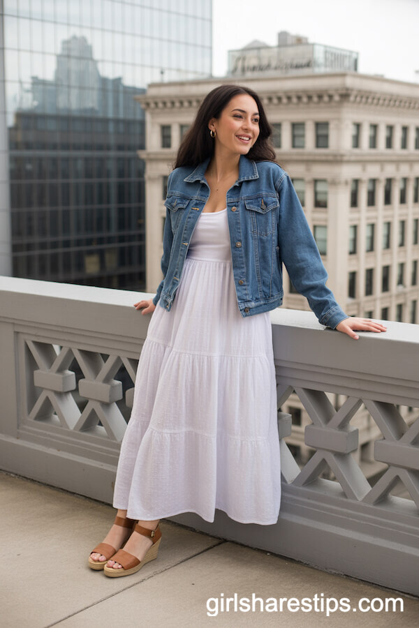 White Scoop Neck Maxi Dress with Classic Blue Denim Jacket and Brown Wedge Sandals