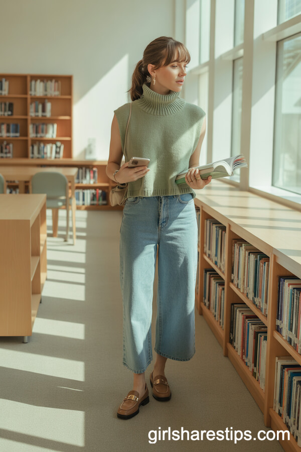 Soft Sage Green Sleeveless Knitted Turtleneck with Cropped Wide Blue Jeans and Brown Loafers