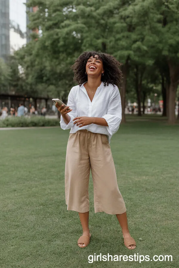 Breezy White Linen Blouse with Beige Linen Culottes and Brown Slide Sandals