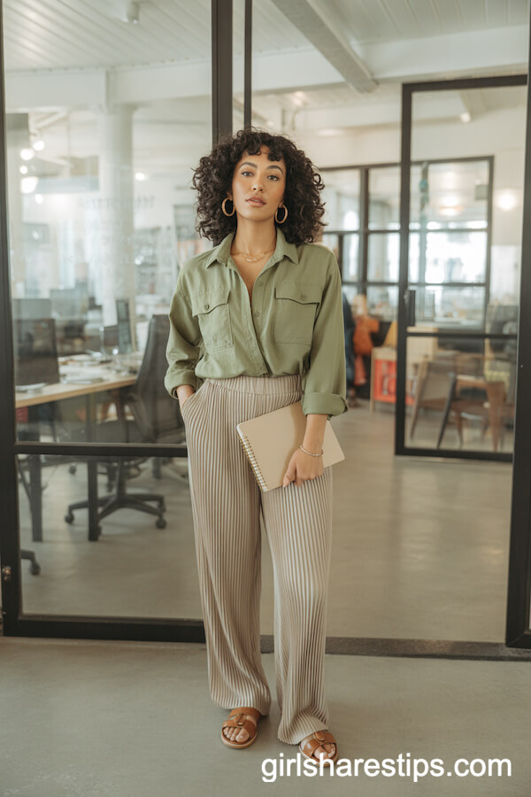 Olive Green Utility Shirt with Beige Pleated Trousers and Brown Leather Sandals